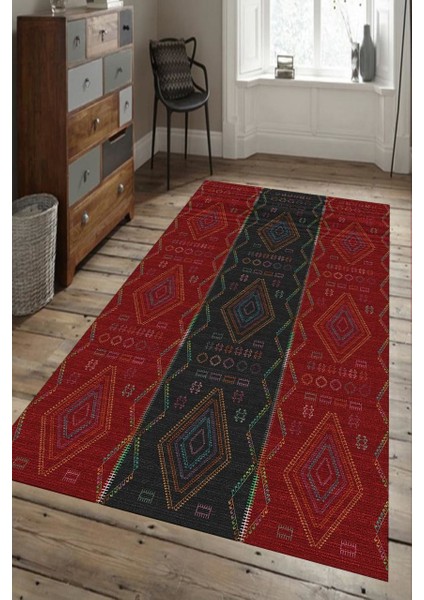 Kilim Desenli Kırmızı-Siyah Halı Makinede Yıkanabilir