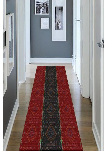 Kilim Desenli Kırmızı-Siyah Halı Makinede Yıkanabilir