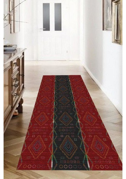 Kilim Desenli Kırmızı-Siyah Halı Makinede Yıkanabilir
