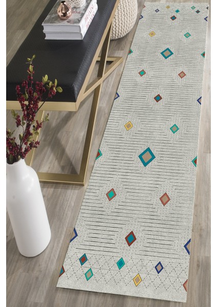 Çizgili Krem Kilim Desenli Halı Makinede Yıkanabilir