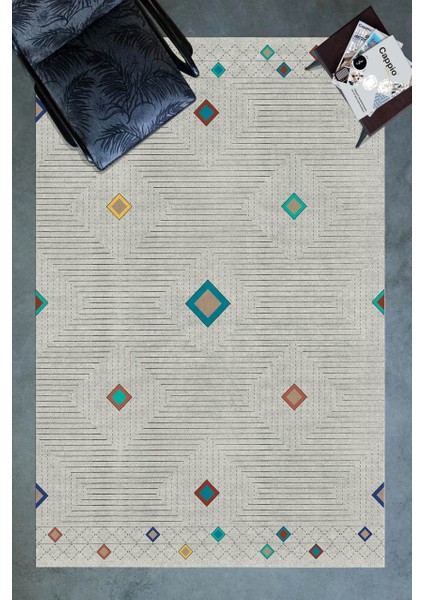Çizgili Krem Kilim Desenli Halı Makinede Yıkanabilir