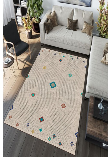 Çizgili Krem Kilim Desenli Halı Makinede Yıkanabilir