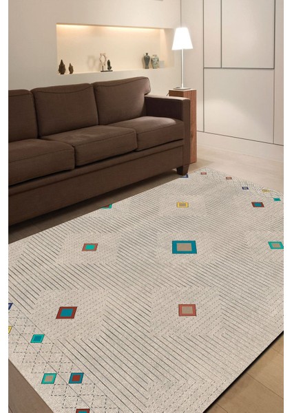 Çizgili Krem Kilim Desenli Halı Makinede Yıkanabilir