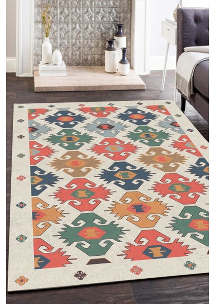 Geleneksel Kilim Desenli Krem Halı Makinede Yıkanabilir