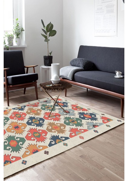 Geleneksel Kilim Desenli Krem Halı Makinede Yıkanabilir