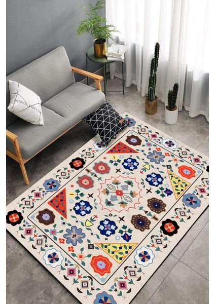 Çiçekli Krem Kilim Desenli Halı Makinede Yıkanabilir