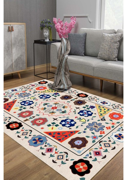 Çiçekli Krem Kilim Desenli Halı Makinede Yıkanabilir