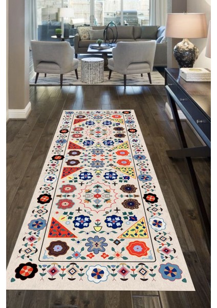 Çiçekli Krem Kilim Desenli Halı Makinede Yıkanabilir