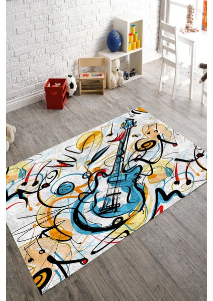 Gitar Desenli Renkli Halı Makinede Yıkanabilir