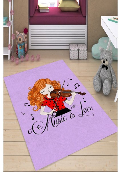 Music Is Love Yazılı Çocuk Odası Halı Makinede Yıkanabilir