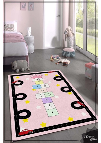 Seksek Desenli Pembe Çocuk Odası Halısı Makinede Yıkanabilir