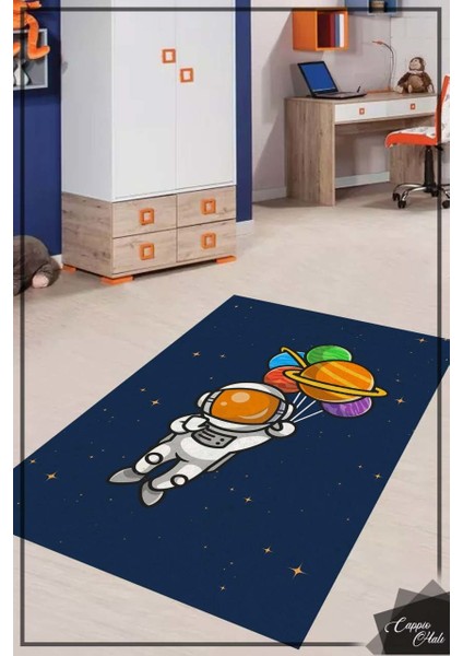 Astronot Desenli Mavi Çocuk Odası Halısı Makinede Yıkanabilir
