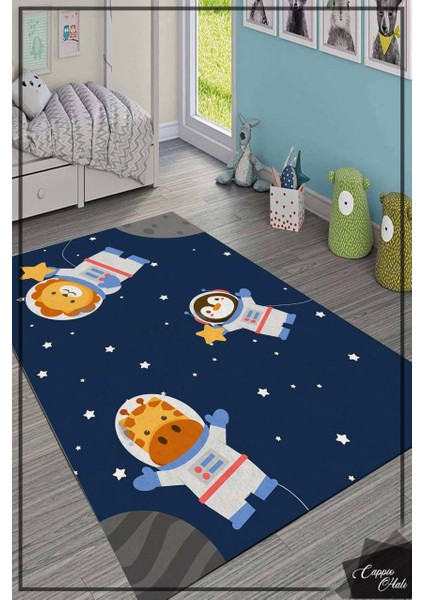 Eğlenceli Astronot Desenli Mavi Çocuk Odası Halısı Makinede Yıkanabilir