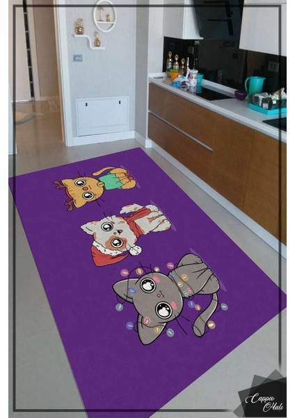 Sevimli Kedi Desenli Mor Mutfak Halısı Makinede Yıkanabilir