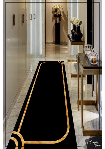 Gold Modern Çerçeveli Desenli Siyah Halı Makinede Yıkanabilir