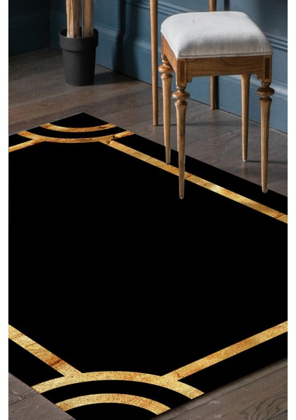 Gold Modern Çerçeveli Desenli Siyah Halı Makinede Yıkanabilir