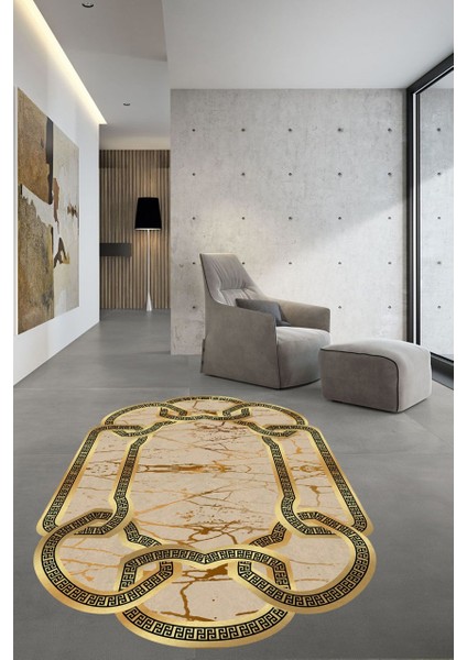 Lazer Kesim Gold Mermer Desenli Halı Makinede Yıkanabilir