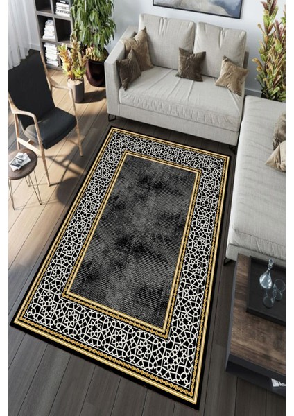 Gold Beyaz Kenarlı Eskitme Siyah Halı Makinede Yıkanabilir