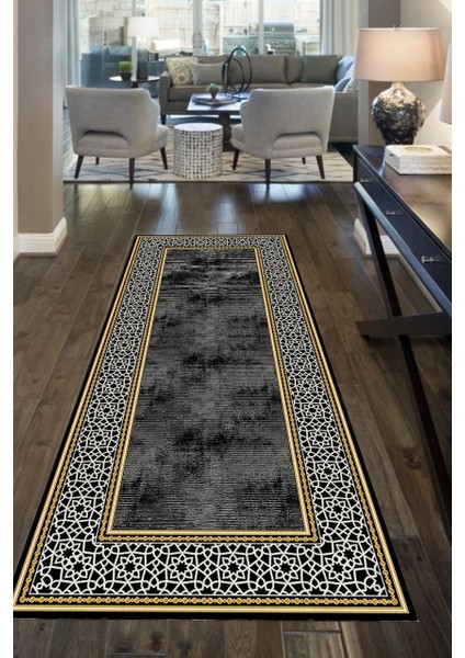 Gold Beyaz Kenarlı Eskitme Siyah Halı Makinede Yıkanabilir