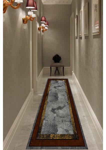 Modern Çizgili Gold Zincirli Halı Makinede Yıkanabilir