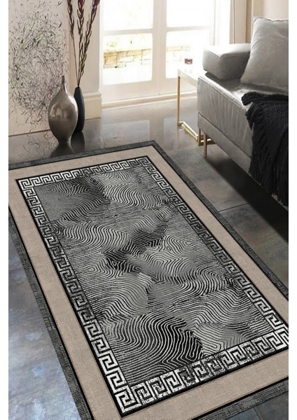 Modern Çizgili Zincirli Siyah Beyaz Halı Makinede Yıkanabilir
