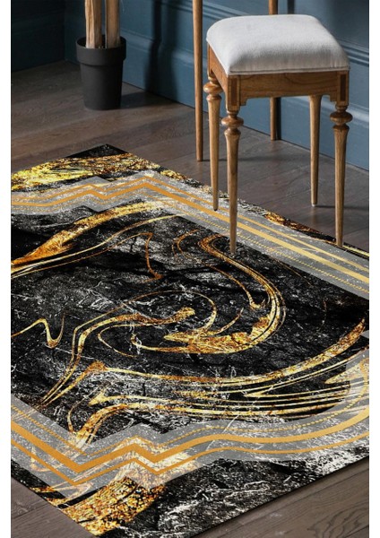 Piyer Siyah Gold Desenli Halı Makinede Yıkanabilir