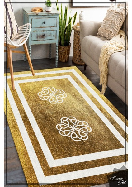 Beyaz Modern Motifli Gold Halı Makinede Yıkanabilir