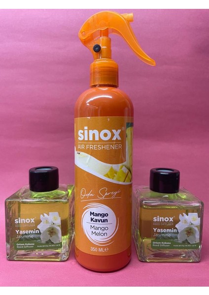 Sino x  2'li Bambu Çubuklu Yasemin Ofis Banyo Kokusu ve 350  ml Mango Kavun Oda Spreyi 2 x 120  ml