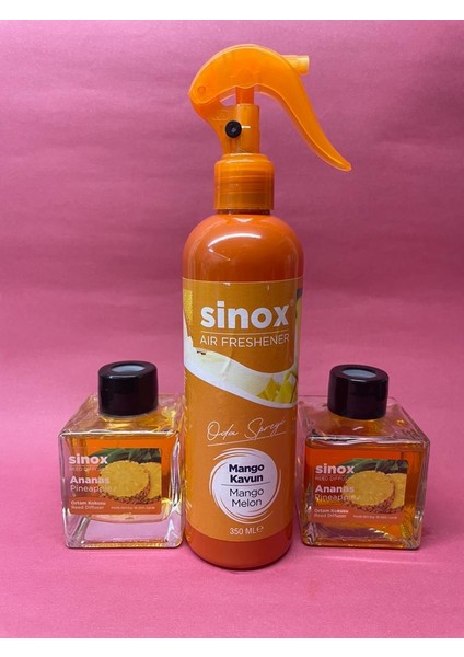 Sino x 2'li Bambu Çubuklu Ananas Ofis Banyo Kokusu ve 350 ml Mango Kavun Oda Spreyi 2 x 120 ml