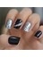 Siyah Beyaz Gümüş Simli Takma Tırnak Lüks Parlak Desenli Kısa Boy Kare Nail Art Yapıştırıcılı Set 2