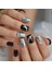 Siyah Beyaz Gümüş Simli Takma Tırnak Lüks Parlak Desenli Kısa Boy Kare Nail Art Yapıştırıcılı Set 3