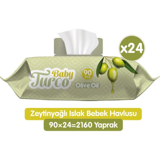 Baby Turco Zeytinyağlı Islak Bebek Havlusu 24 x 90 Adet 2160 Yaprak Hassas Temizlik İçin