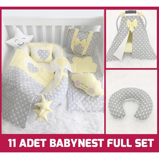 Jaju Baby Babynest Gri ve Sarı Yıldızlı 11 Parça Full Set  Babynest