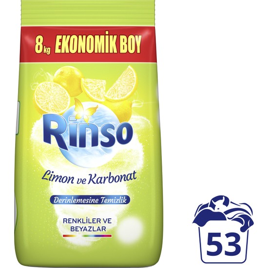 Rinso Toz Çamaşır Deterjanı Renkliler ve Beyazlar İçin Limon ve Karbonat Derinlemesine Temizlik 8 KG 53 Yıkama 1 Adet