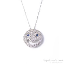 925 Ayar Gümüş Gülen Yüz Kolye, Beyaz - Beyaz Mavi Taş