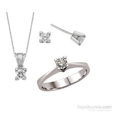 Silver & Silver 4 ct Zirkon Taşlı Kolye, Küpe, Yüzük Tektaş Set