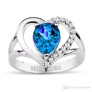 Bella Gloria Altın Kaplamalı Pırlanta Damla Mavi Topaz Kalpli Yüzük (GPY0007)