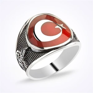 Mina Silver Ayyıldız Tuğralı Oval Kasa Taşsız Erkek Gümüş Yüzük