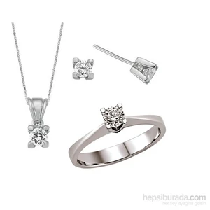 Silver & Silver 4 ct Zirkon Taşlı Kolye, Küpe, Yüzük Tektaş Set