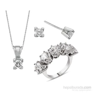 Silver & Silver 8 ct Zirkon Taşlı Kolye, Küpe, Beştaş Yüzük Set