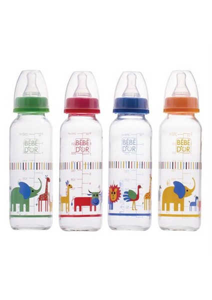 Desenli Cam Biberon Orta Akış Emzikli 250 Ml.