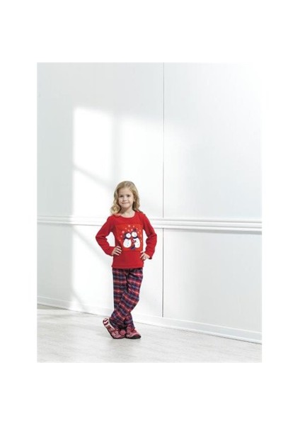 Kız Çocuk Pijama Takımı 5569 Desenli-Kırmızı-Lacivert Ekoseli