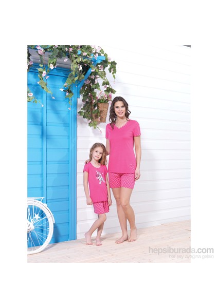 Kız Çocuk Pijama Takım 5673 Pembe-Pembe Beyaz Puantiyeli