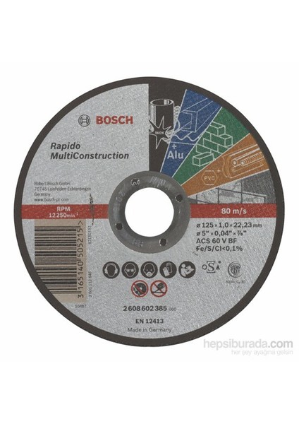 - Rapido Serisi Çoklu Malzemeler İçin Düz Kesme Diski (Taş) - Acs 60 V Bf, 125 Mm, 1,0 Mm