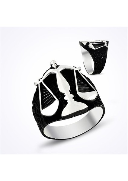 Terazi Adalet Siyah Taşsız Gümüş Erkek Yüzük