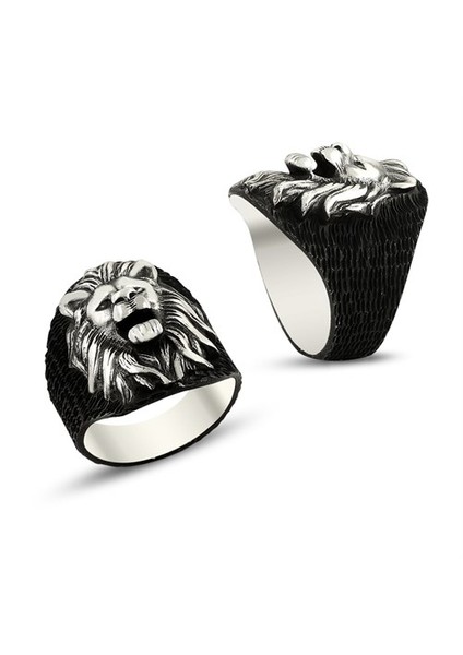Aslan Başlı Siyah Taşsız Gümüş Erkek Yüzük