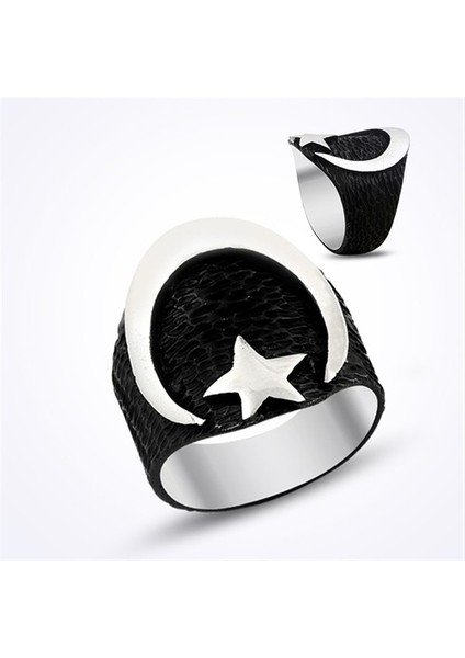 Ayyıldız Siyah Renk Taşsız Erkek Gümüş Yüzük
