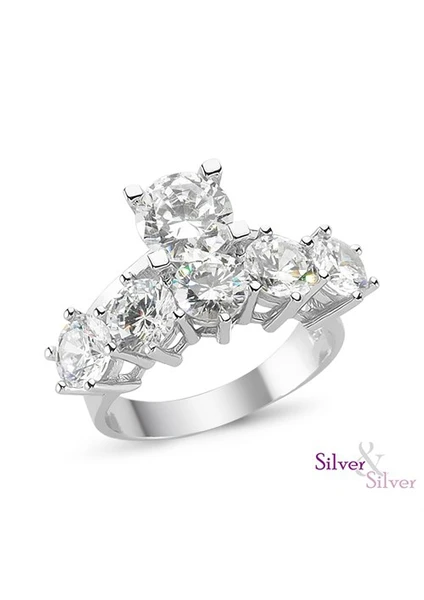 Silver & Silver 6Ct Zirkon 925 Ayar Altın Kaplama Yüzük