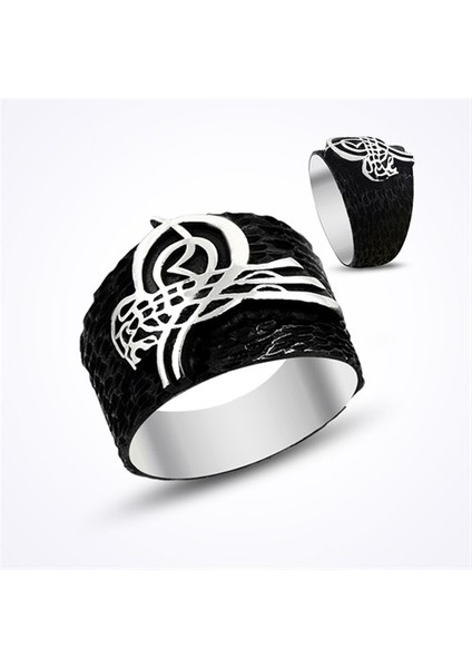 Osmanlı Tuğralı Siyah Taşsız Gümüş Erkek Yüzük