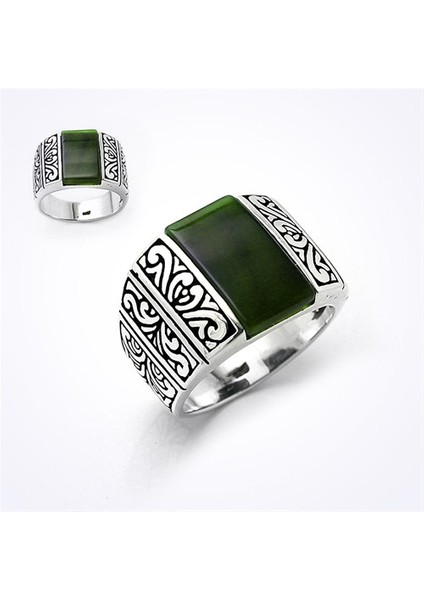 İşlemeli Yeşil Taşlı Sade Gümüş Erkek Yüzük
